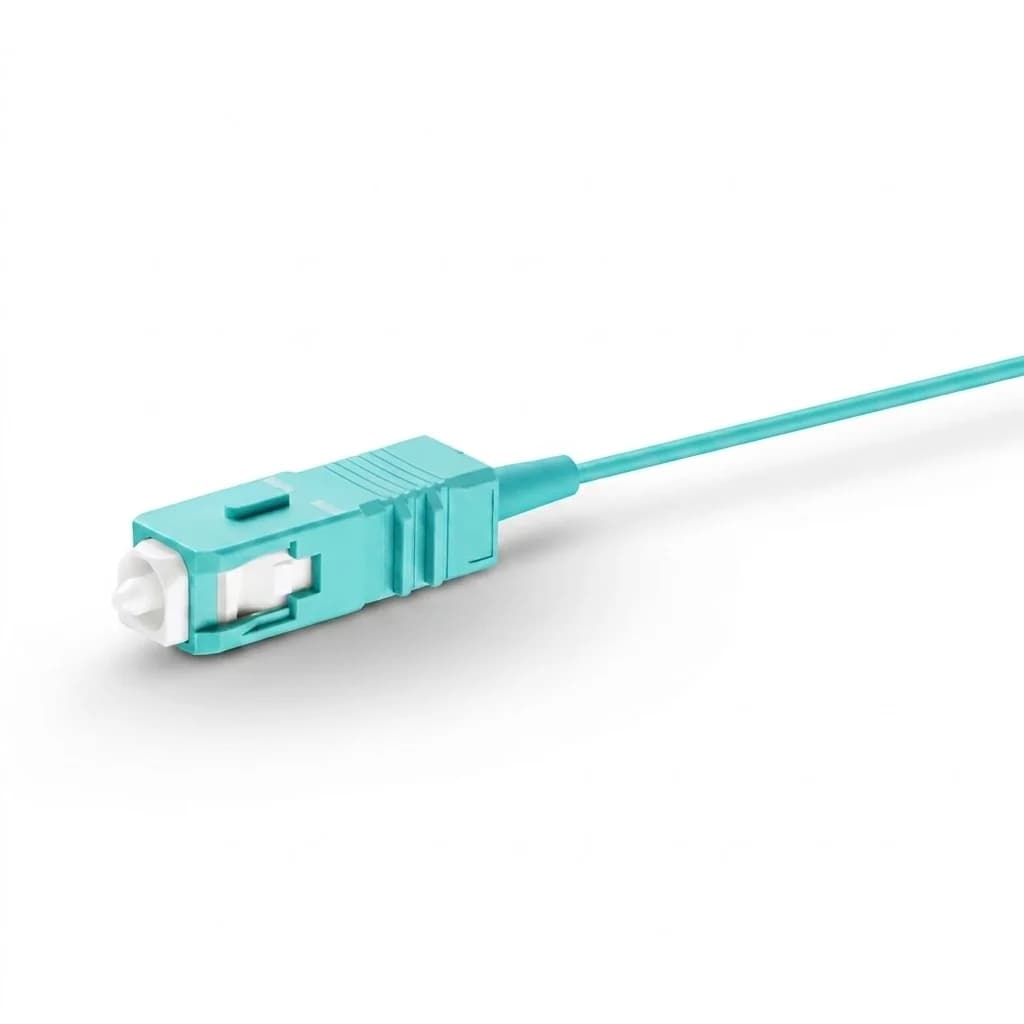 SC/UPC Simplex OM4 Multimode Fiber Pigtail 0.9mm Aqua — connector close-up