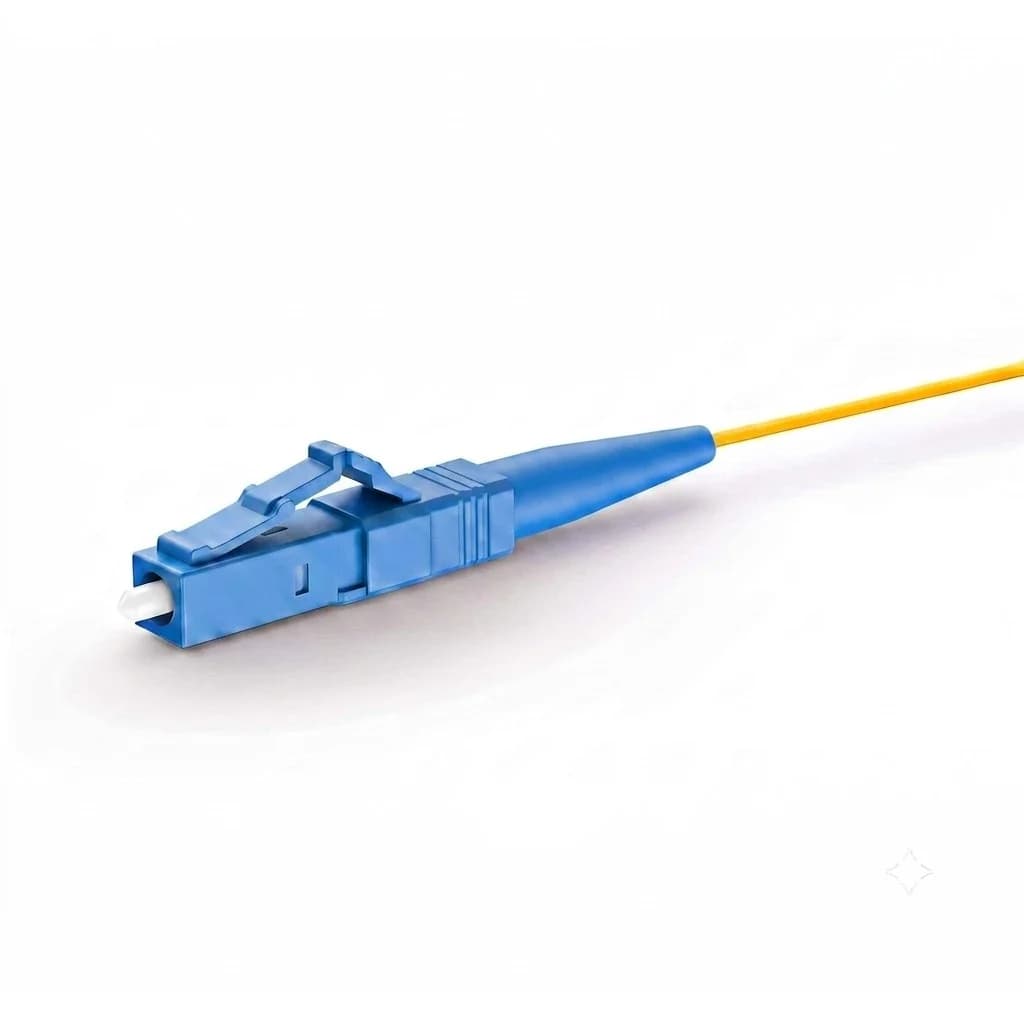 LC/UPC Simplex OS2 Singlemode Fiber Pigtail 0.9mm Yellow — blue LC/UPC connector close-up