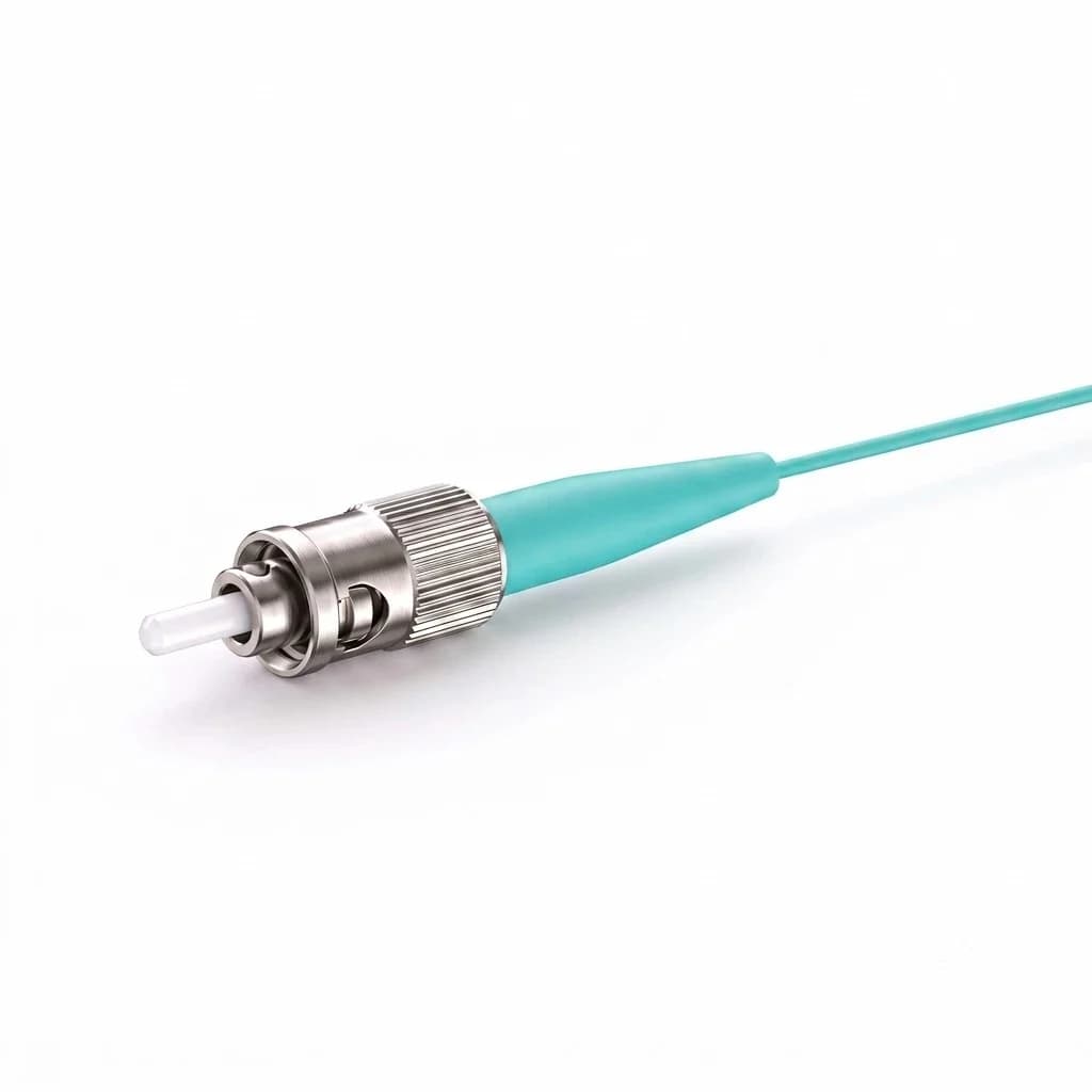 ST/UPC Simplex OM3 Multimode Fiber Pigtail 0.9mm Aqua — connector close-up