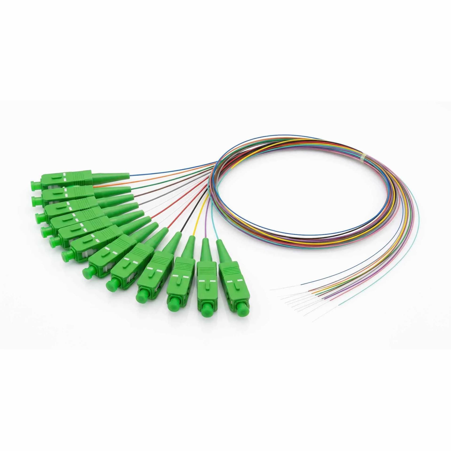 SC/APC 12-Fiber Unjacketed Color-Coded Singlemode Ribbon Pigtail — fanned connectors close-up