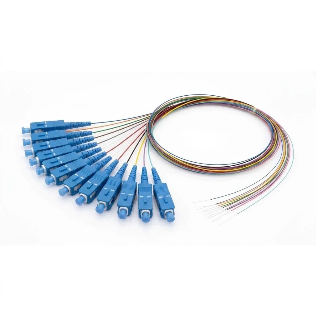 SC/UPC OS2 12-fiber unjacketed color-coded singlemode pigtail with 12 blue SC/UPC connectors fanned out