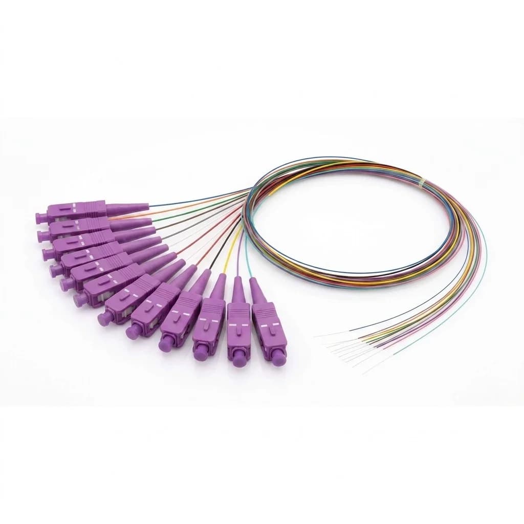 SC/UPC OM5 12-Fiber Ribbon Pigtail — fanned violet SC connectors with color-coded 0.9mm fibers