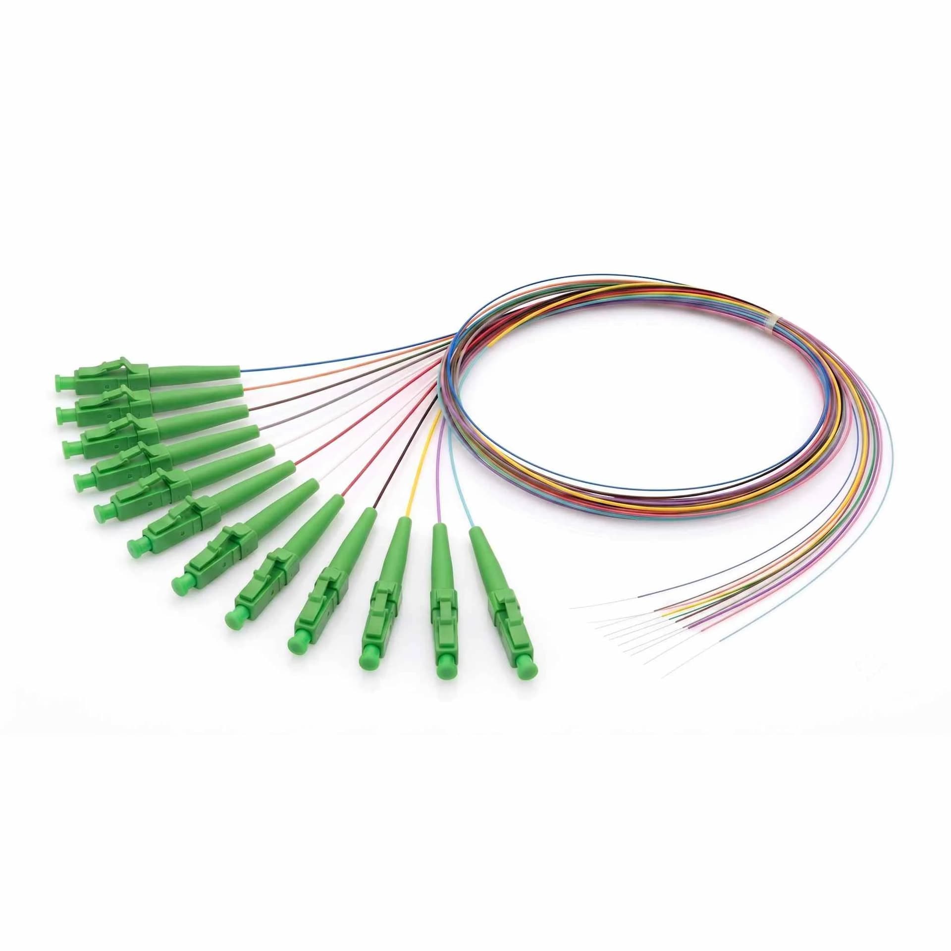 LC/APC 12-fiber unjacketed color-coded OS2 singlemode ribbon pigtail — fanned connectors close-up