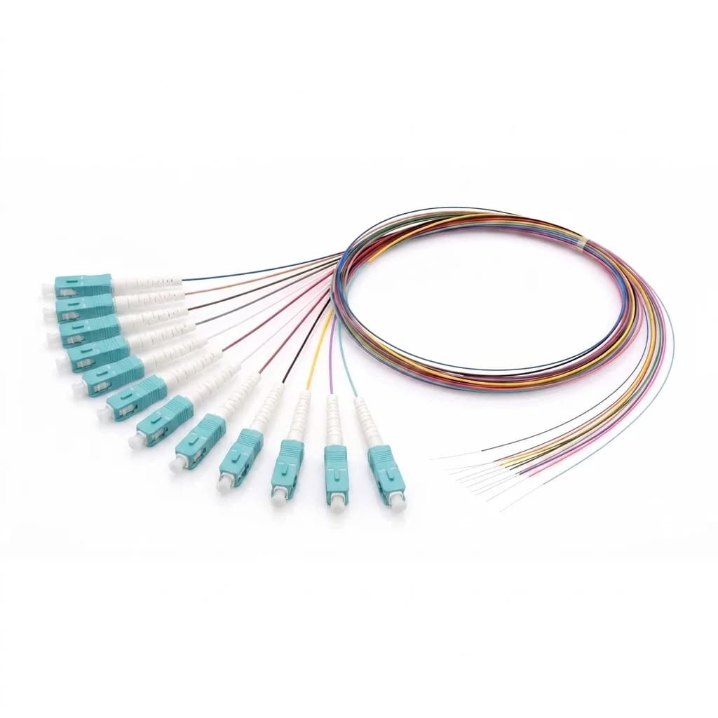 LC/UPC 12-fiber OM3 unjacketed color-coded ribbon pigtail fanned close-up