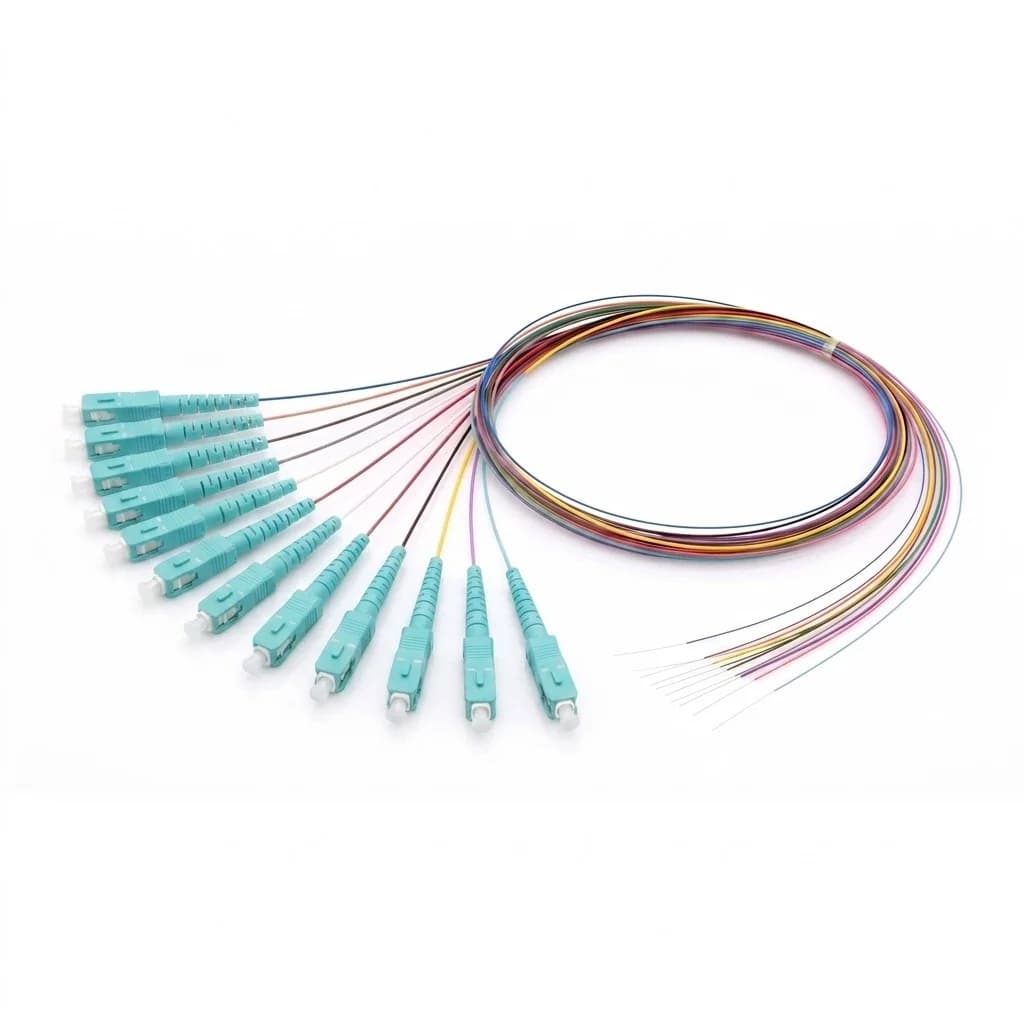 LC/UPC 12-Fiber OM4 Unjacketed Color-Coded Ribbon Pigtail primary fanned connectors view