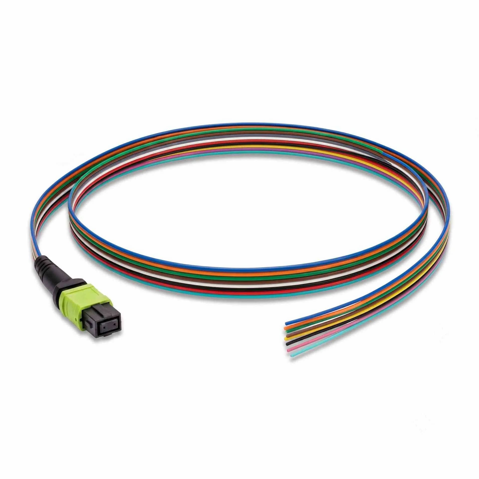 MTP-12 APC Female to Unterminated 12-Fiber OS2 Singlemode Ribbon Pigtail Unjacketed 12-Color