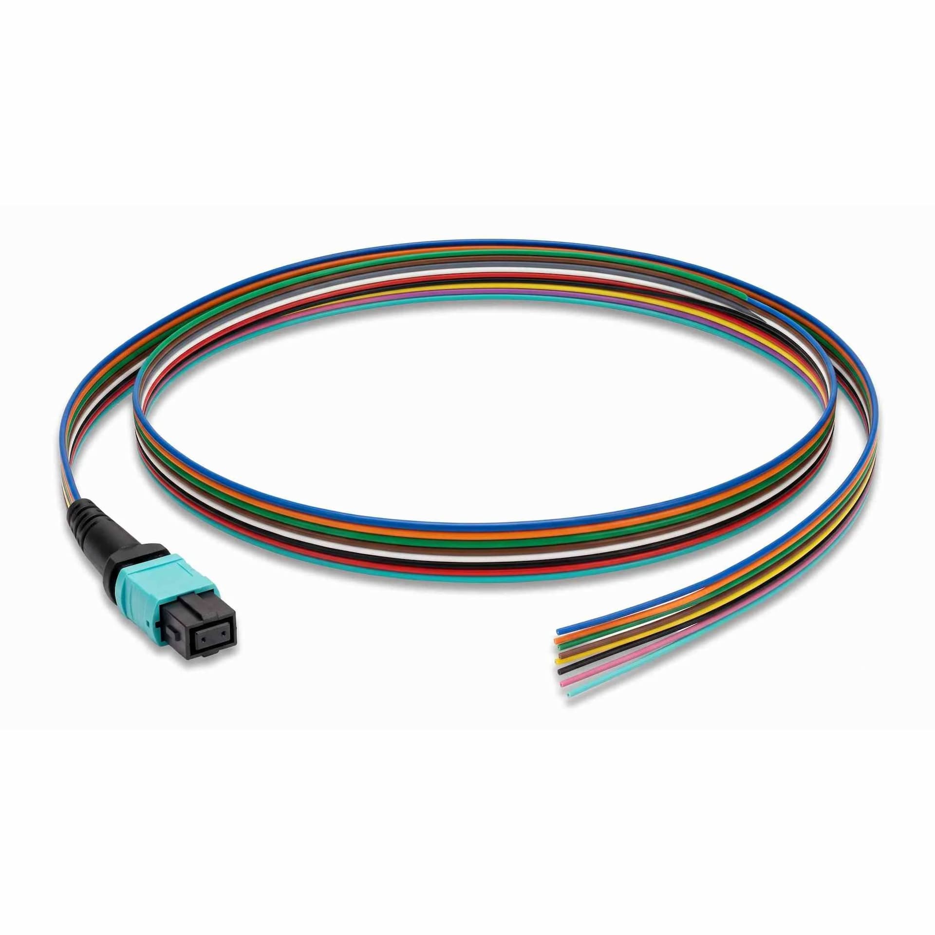 MTP-12 (Female) OM4 12-fiber unjacketed color-coded multimode ribbon pigtail — connector close-up